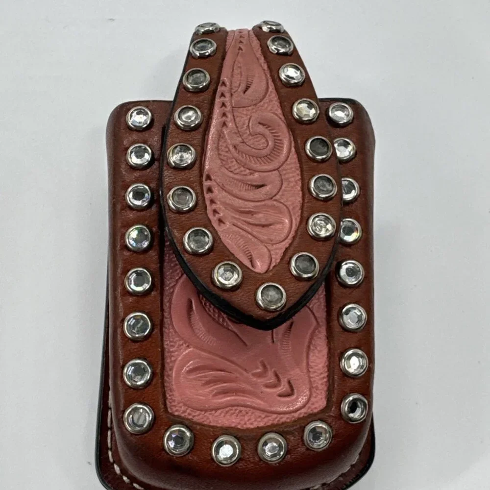 Hilason Hand Tooled Leather Bling Pink Western Cell Phone Case with Belt Clip